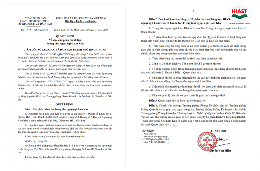 Quyết định thành lập Trung tâm Ngoại ngữ Lam Kha thuộc Công ty Cổ phần Dịch vụ Tổng hợp HIAST