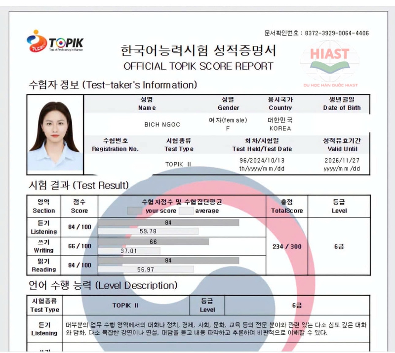 Học Viên Du Học Hiast Đậu TOPIK 5 VÀ TOPIK 6 Kỳ Thi TOPIK 96