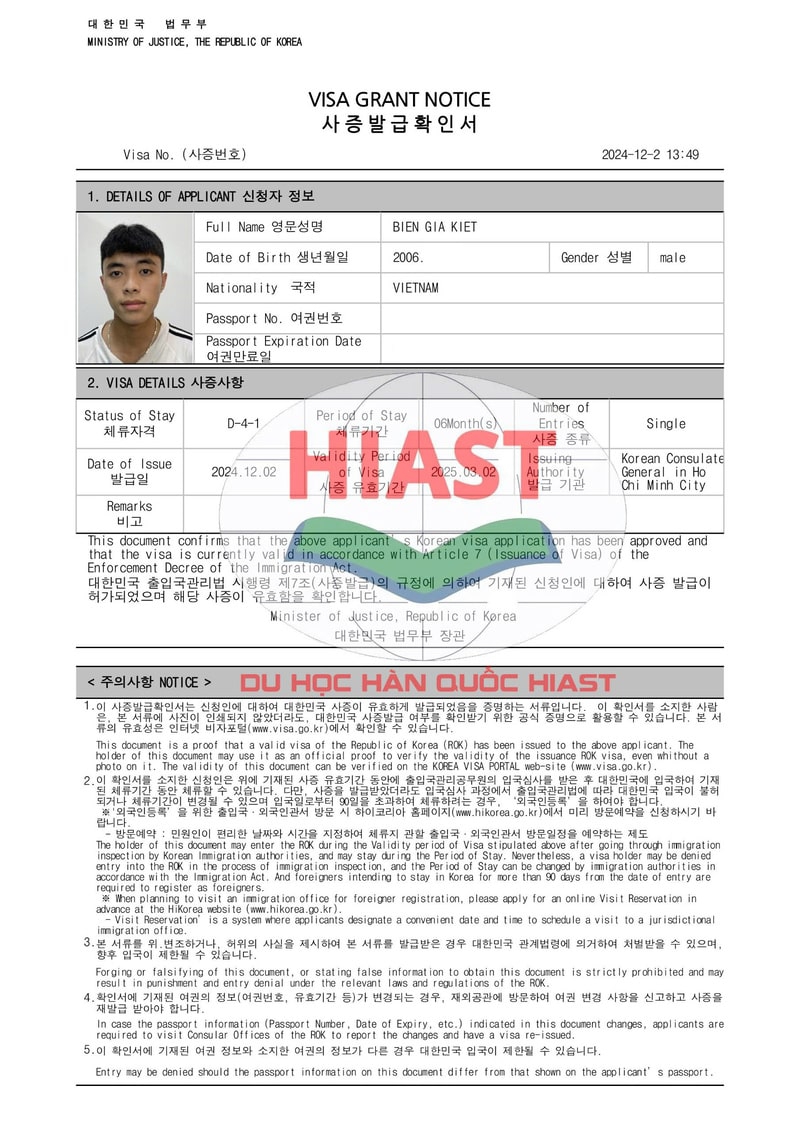 Học Viên Du Học Hiast Đậu Visa Du Học Hàn Quốc Ngày 02.12.2024