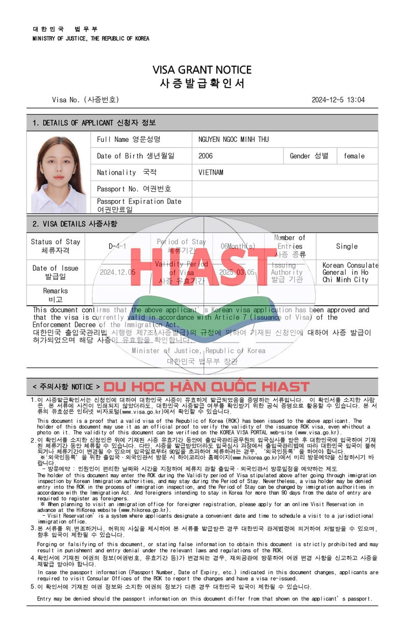 Học Viên Du Học Hiast Đậu Visa Du Học Hàn Quốc Ngày 05.12.2024