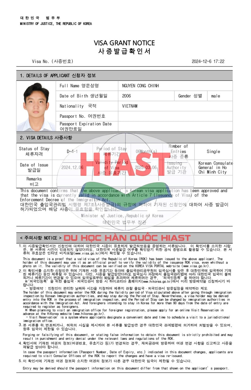 Học Viên Du Học Hiast Đậu Visa Du Học Hàn Quốc Ngày 06.12.2024
