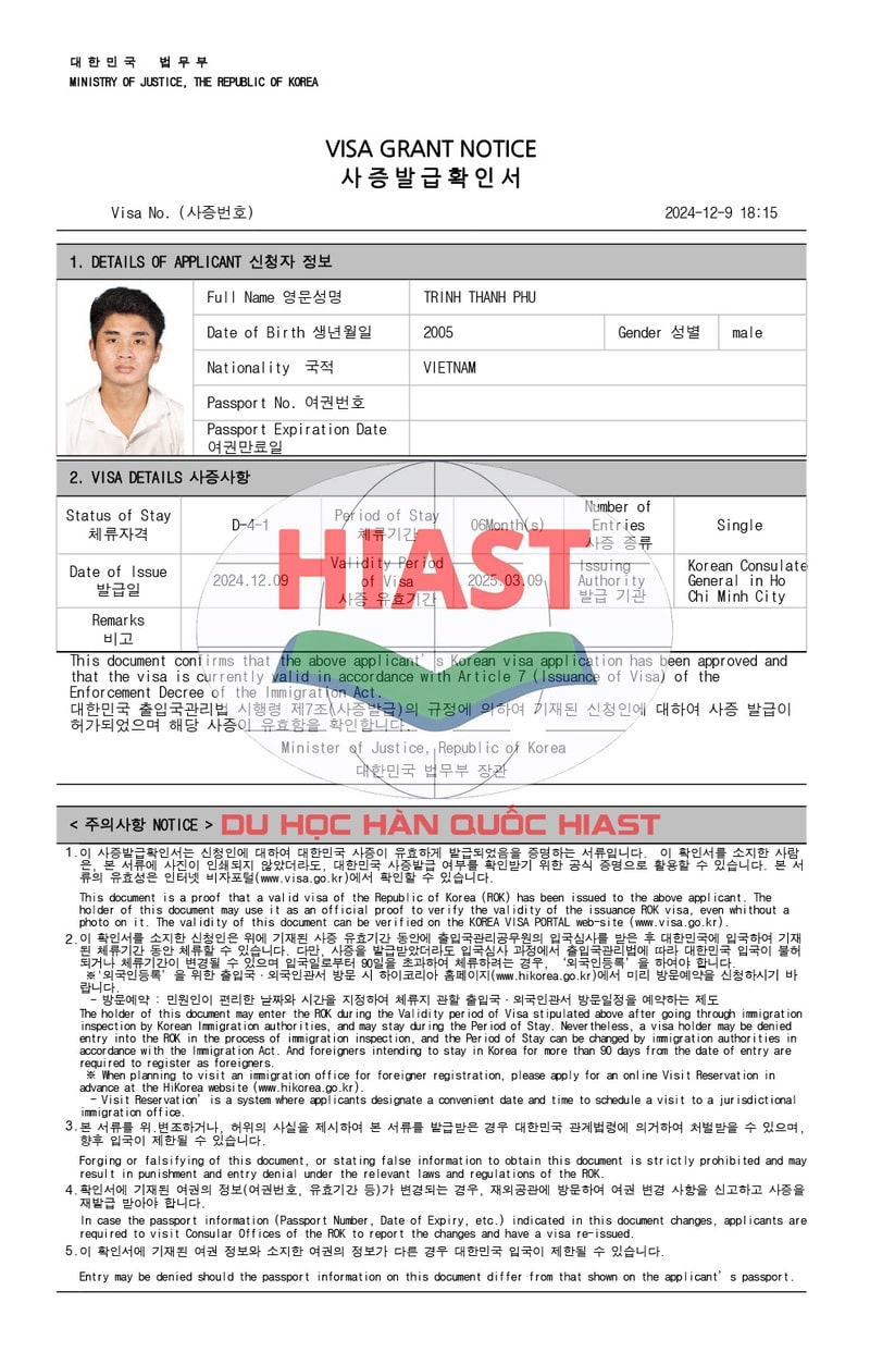 Học Viên Du Học Hiast Đậu Visa Du Học Hàn Quốc Ngày 09.12.2024