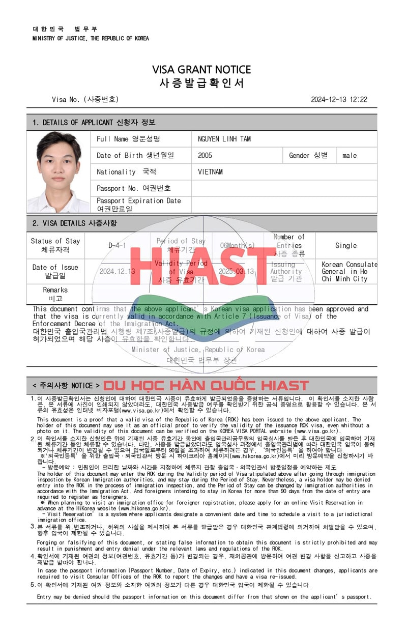 Học Viên Du Học Hiast Đậu Visa Du Học Hàn Quốc Ngày 13.12.2024